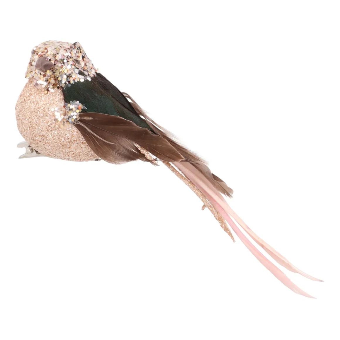 Luxe Vogel Op Clip | Taupe-roze | Echte Veren | 16cm
