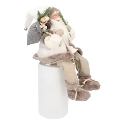 Luxe Zittende Kerstman | Wit-grijs | Stof | 45cm
