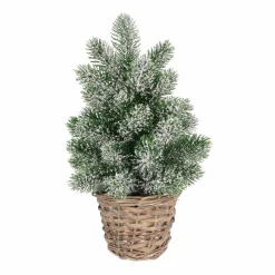 Mini Kerstboom In Rieten Mandje | 30 Cm | Met Sneeuwlaagje