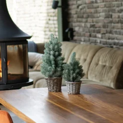 Mini Kerstboom Met Frost | 30 Cm | Incl. Grijs Rieten Mandje