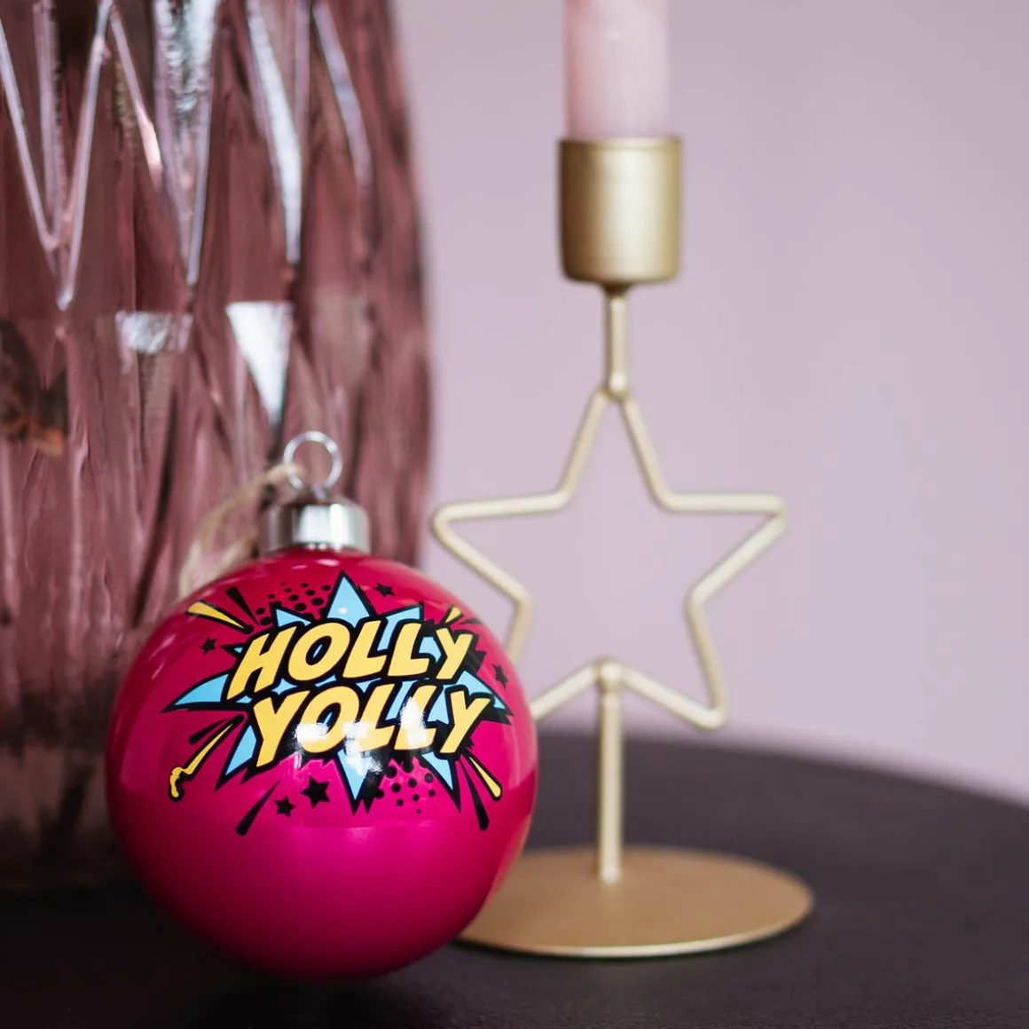 Pop-art Kerstbal "Holly Jolly" | Glas | Roze | 8 Cm