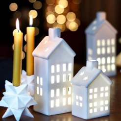 Porseleinen Huisje Met LED | 14 Cm | Wit