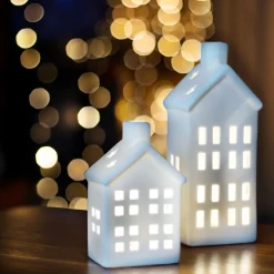 Porseleinen Huisje Met LED | 21 Cm | Wit