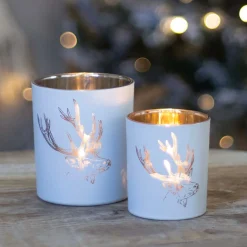 Waxinelichthouder Met Hertenkop | Glas | 10cm | Wit-goud