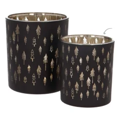Waxinelichthouder Met Kerstboompjes | Glas | 8cm | Zwart-goud