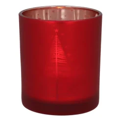 Waxinelichthouder Met Kerstbomen | Glas | 8cm | Rood