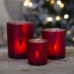 Waxinelichthouder Met Kerstbomen | Glas | 12,5cm | Rood