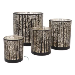 Waxinelichthouder Met Silhouet Van Bos | Glas | Zwart-goud | 8cm