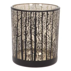 Waxinelichthouder Met Silhouet Van Bos | Glas | Zwart-goud | 10cm