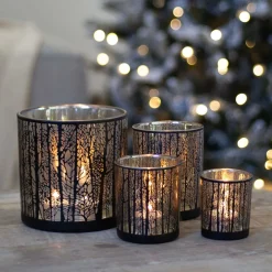 Waxinelichthouder Met Silhouet Van Bos | Glas | Zwart-goud | 10cm