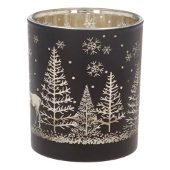 Waxinelichthouder Van Rendier In Bos | Glas | 8cm | Zwart-goud