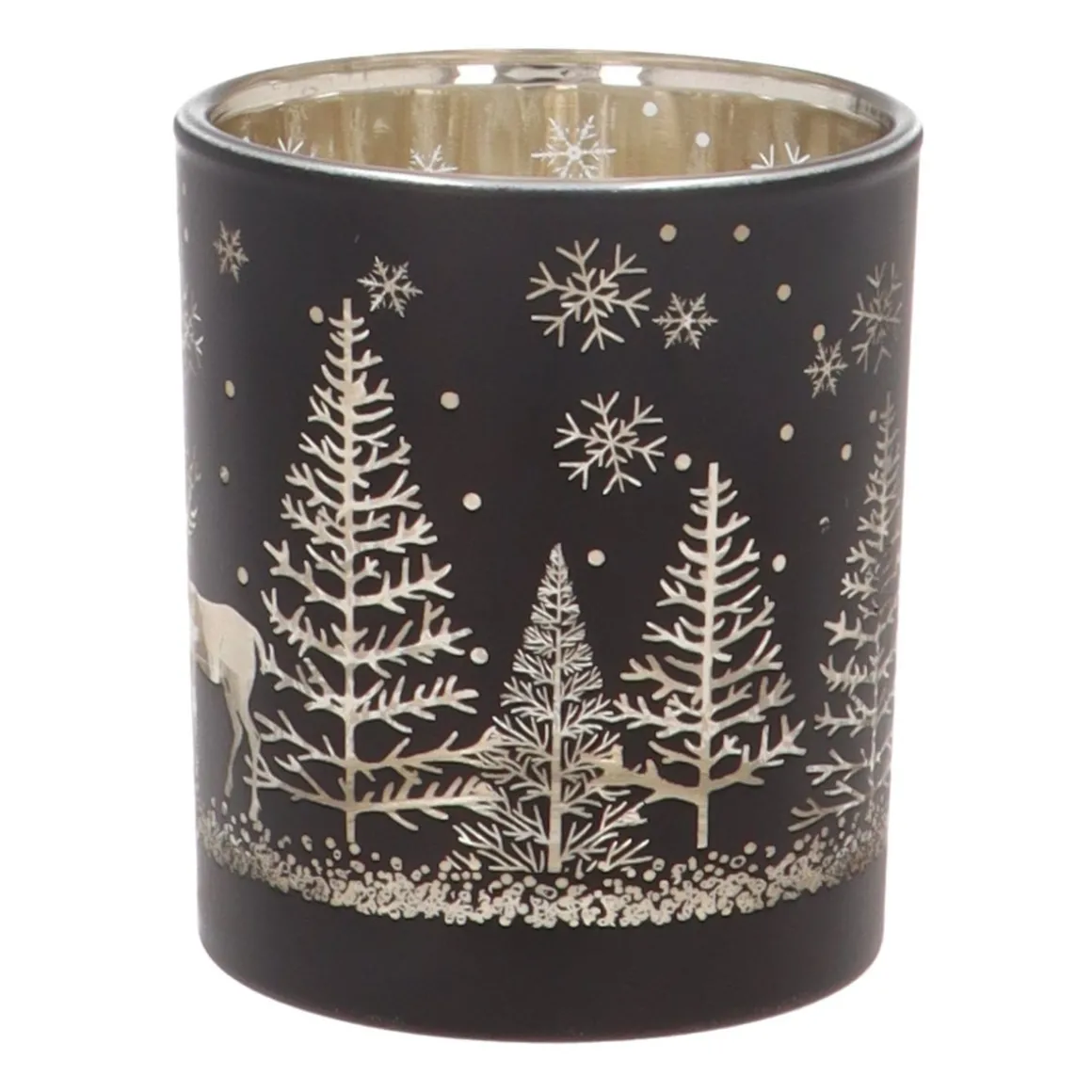 Waxinelichthouder Van Rendier In Bos | Glas | 8cm | Zwart-goud