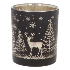 Waxinelichthouder Van Rendier In Bos | Glas | 8cm | Zwart-goud