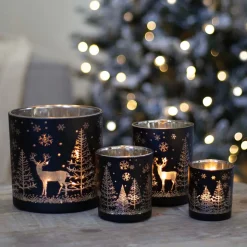 Waxinelichthouder Van Rendier In Bos | Glas | 8cm | Zwart-goud