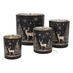 Waxinelichthouder Van Rendier In Bos | Glas | 10cm | Zwart-goud