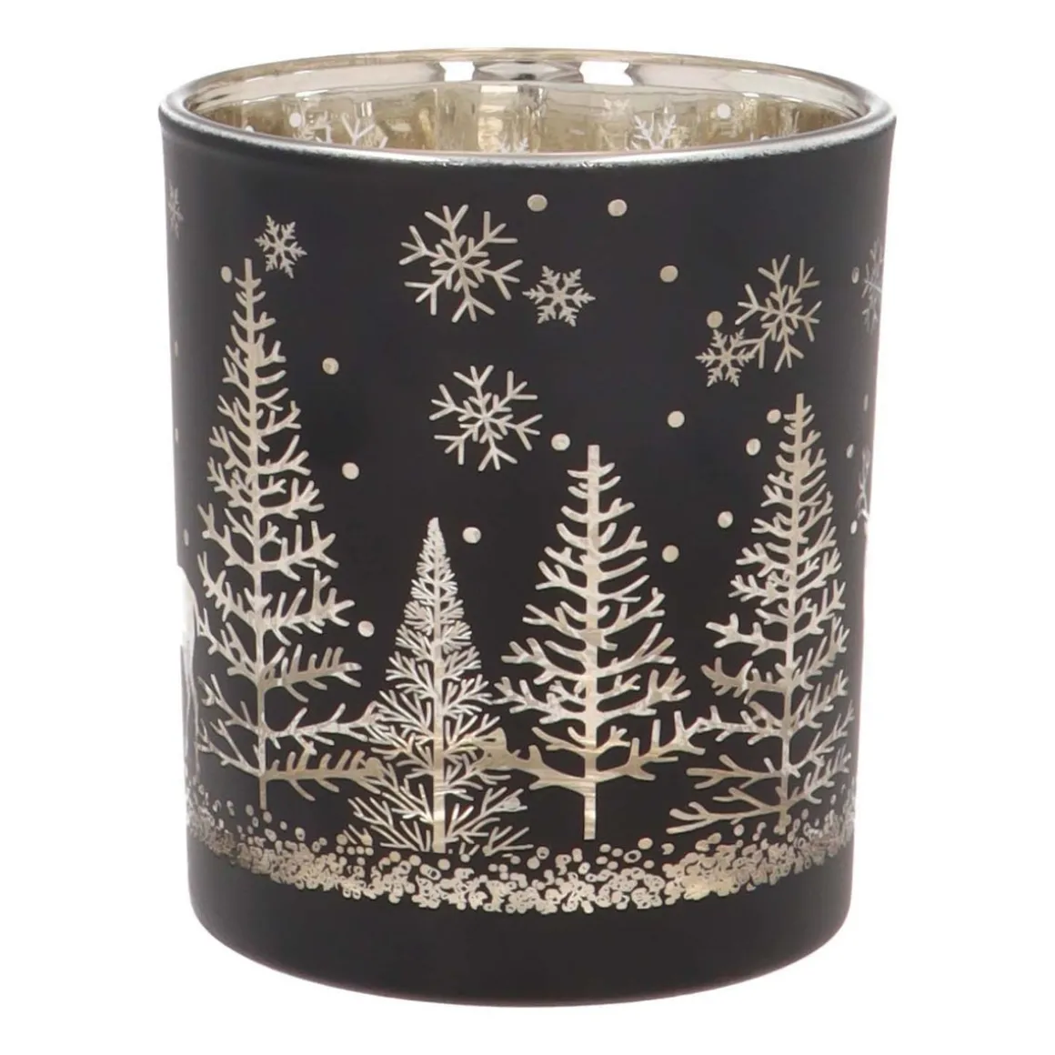 Waxinelichthouder Van Rendier In Bos | Glas | 10cm | Zwart-goud