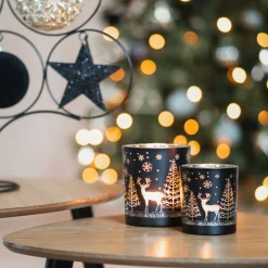 Waxinelichthouder Van Rendier In Bos | Glas | 10cm | Zwart-goud