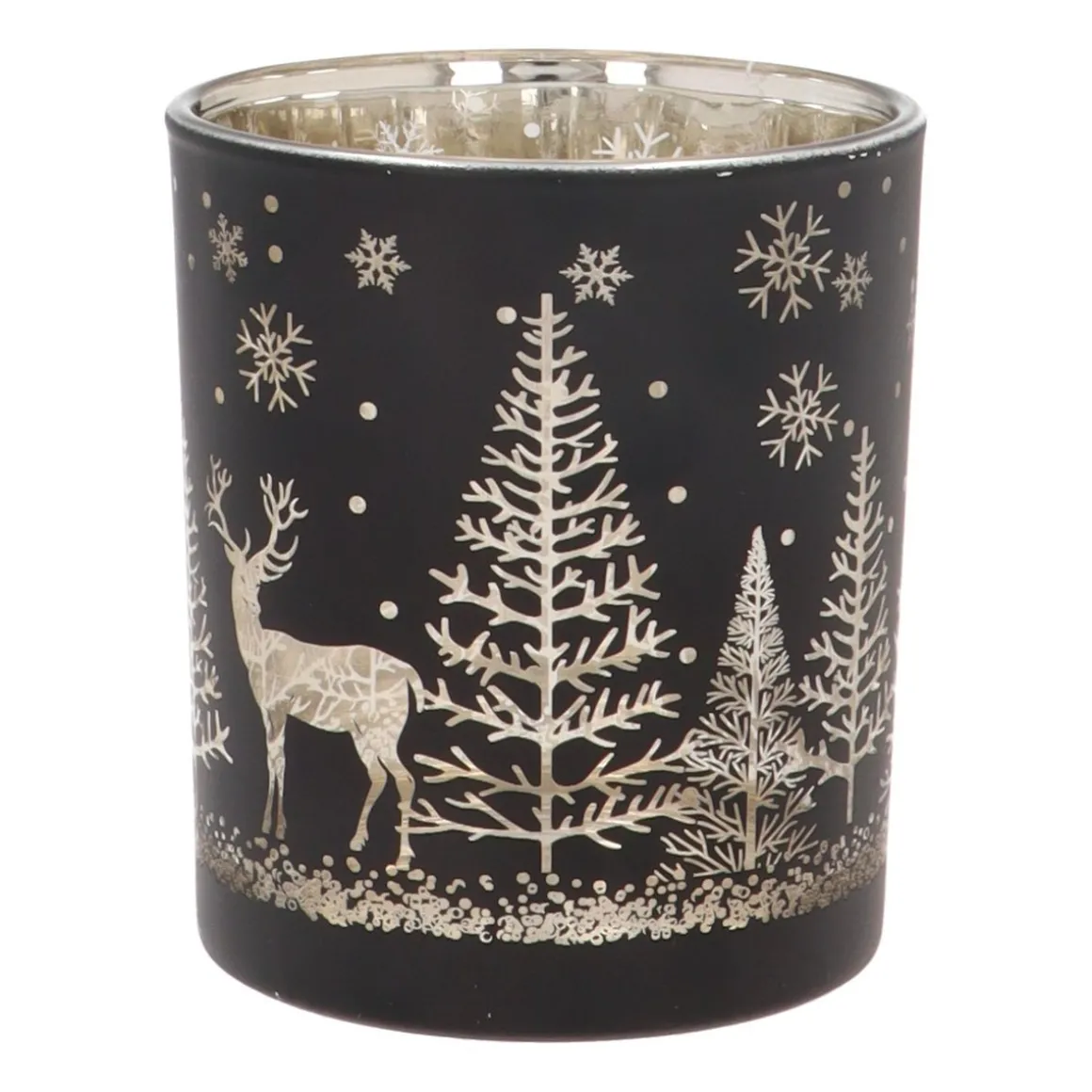 Waxinelichthouder Van Rendier In Bos | Glas | 10cm | Zwart-goud