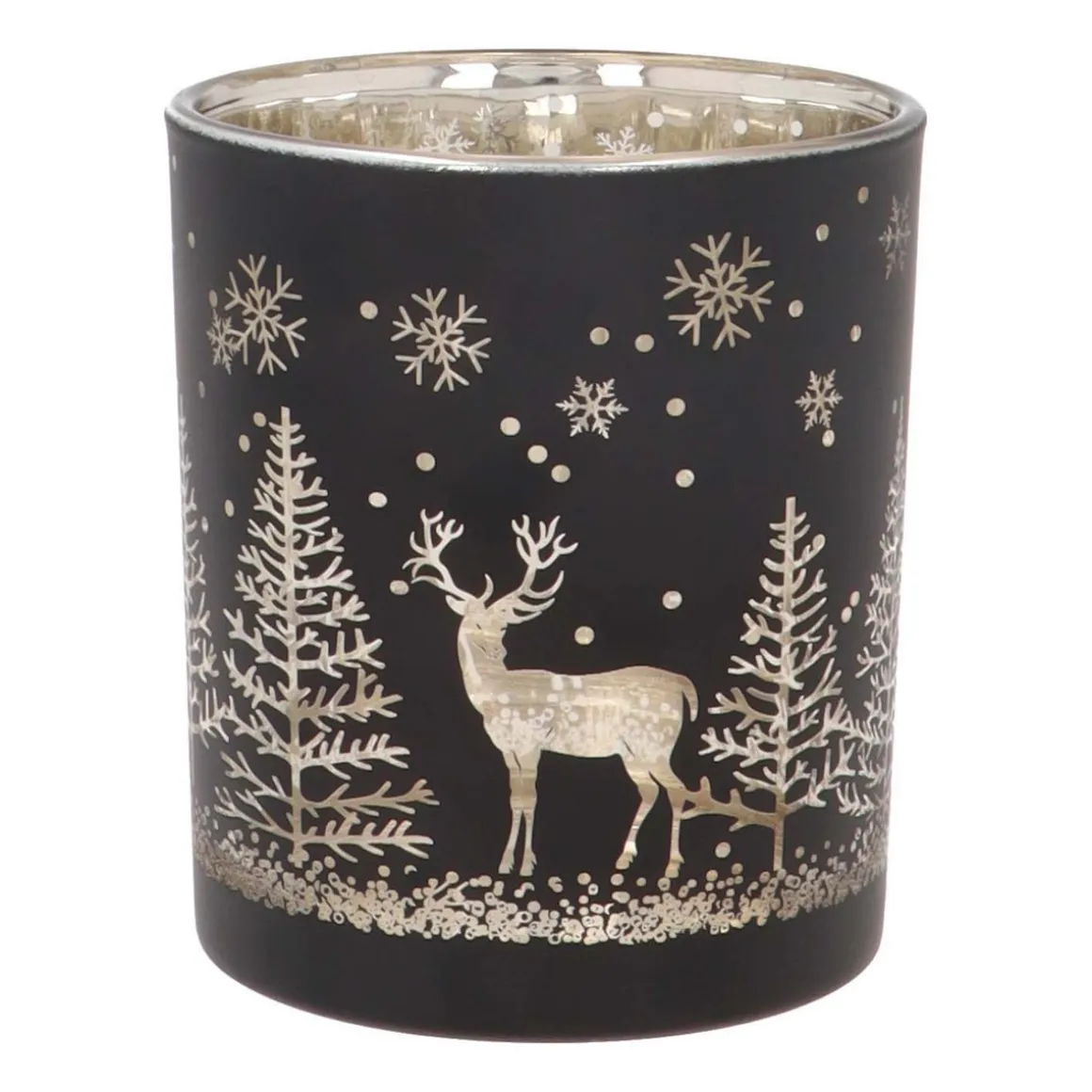 Waxinelichthouder Van Rendier In Bos | Glas | 10cm | Zwart-goud