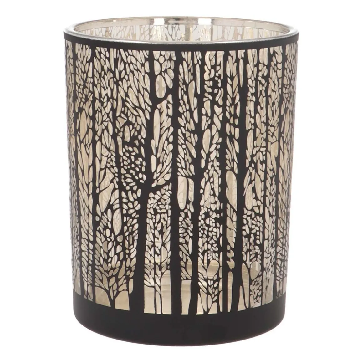 Waxinelichthouder/kaarshouder Met Silhouet Van Bos | Glas | Zwart-goud | 12,5cm