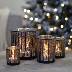 Waxinelichthouder/kaarshouder Met Silhouet Van Bos | Glas | Zwart-goud | 12,5cm