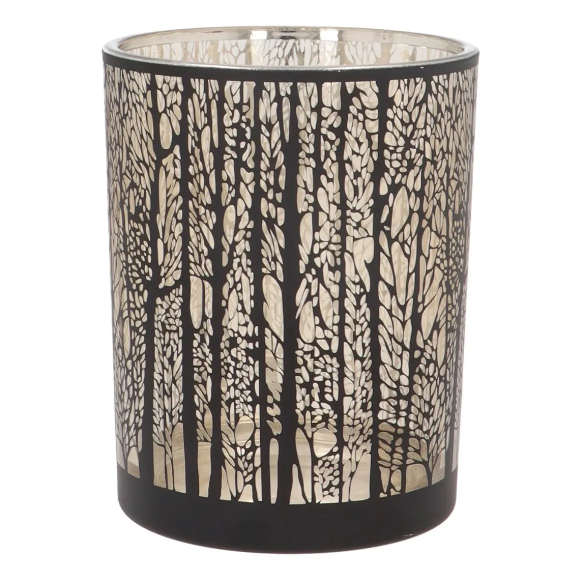 Waxinelichthouder/kaarshouder Met Silhouet Van Bos | Glas | Zwart-goud | 12,5cm