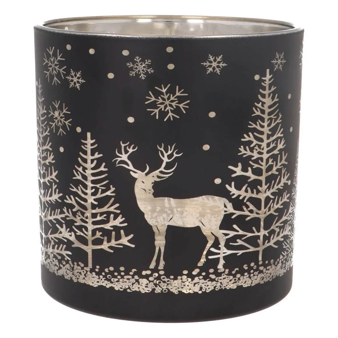 Waxinelichthouder/kaarshouder Van Rendier In Bos | Glas | 15cm | Zwart-goud