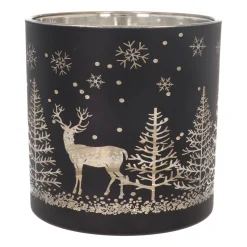 Waxinelichthouder/kaarshouder Van Rendier In Bos | Glas | 15cm | Zwart-goud