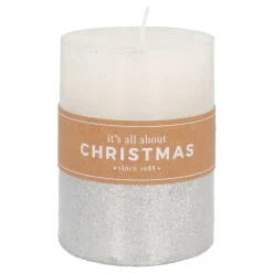 Witte Stompkaars Met Zilveren Glitter | 10 Cm