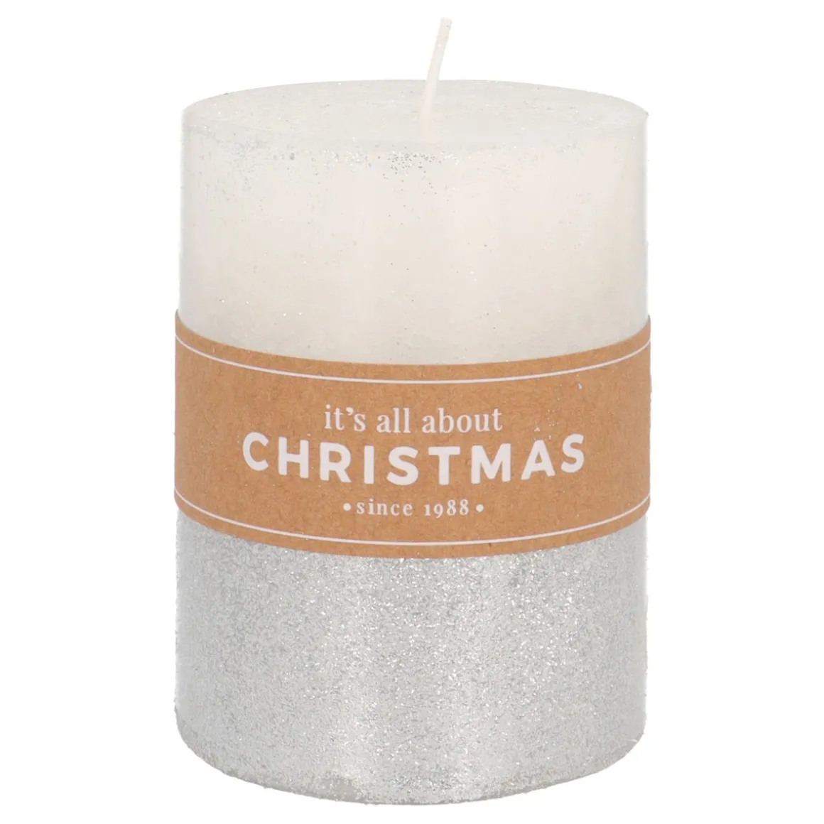 Witte Stompkaars Met Zilveren Glitter | 10 Cm