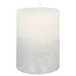 Witte Stompkaars Met Zilveren Glitter | 10 Cm