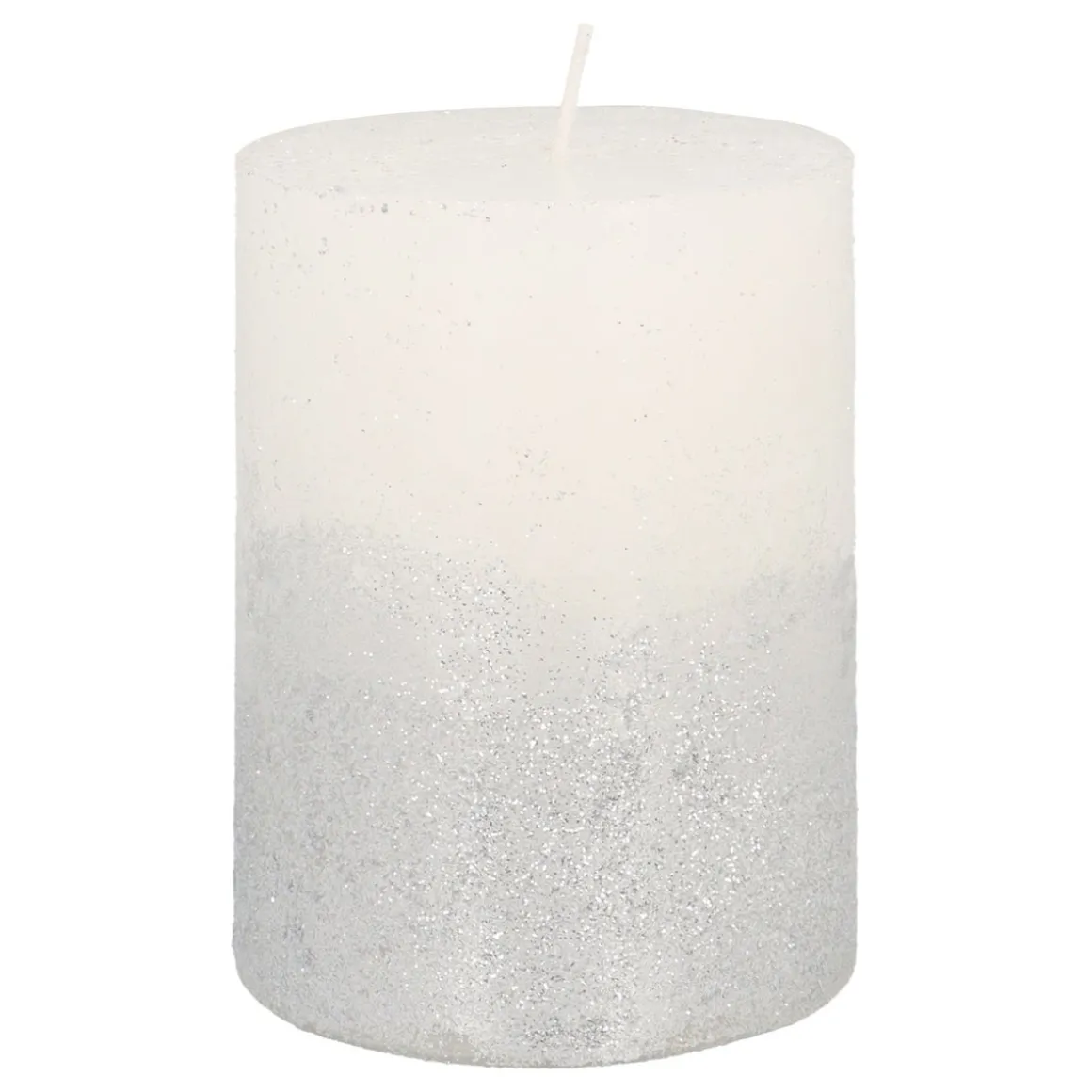 Witte Stompkaars Met Zilveren Glitter | 10 Cm
