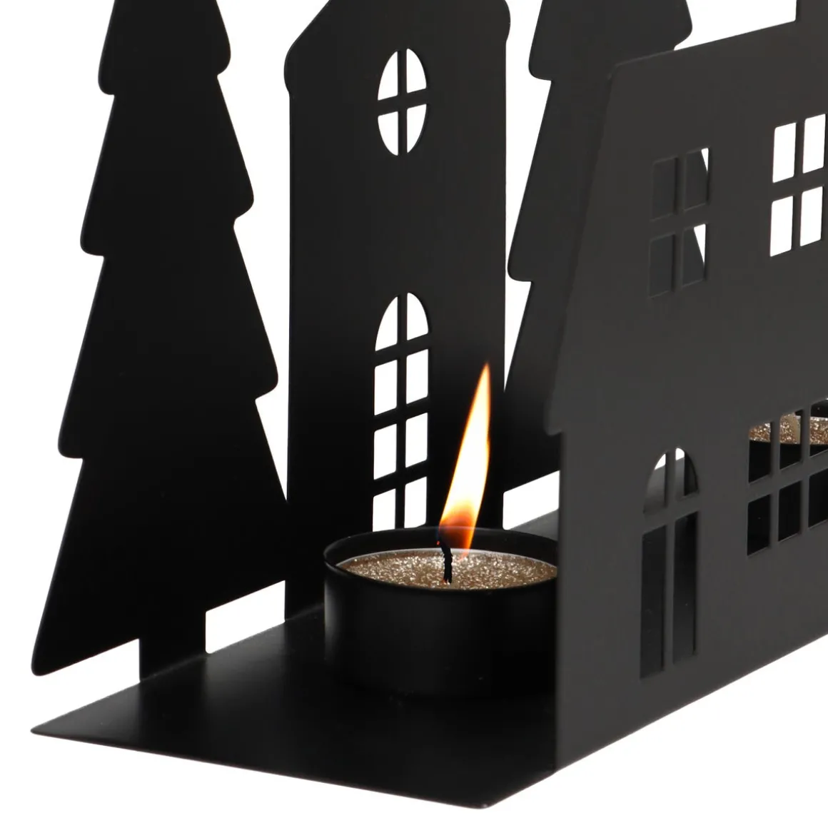 Zwart Straatje Met Huisjes En Kerk Voor Waxinelichtjes