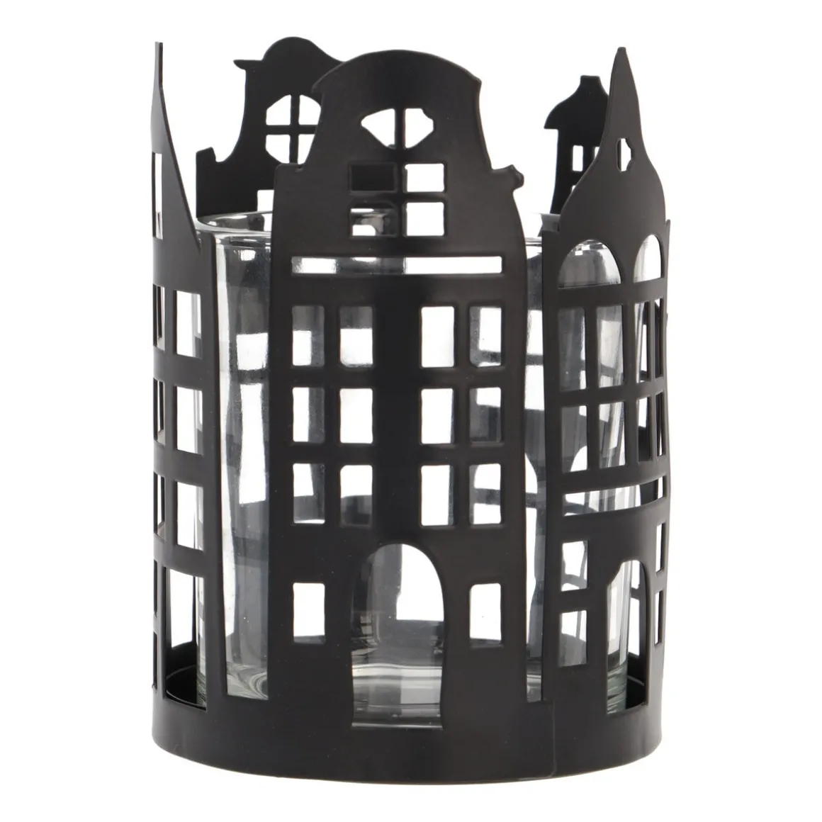 Zwarte Theelichthouder Met Grachtenpandjes