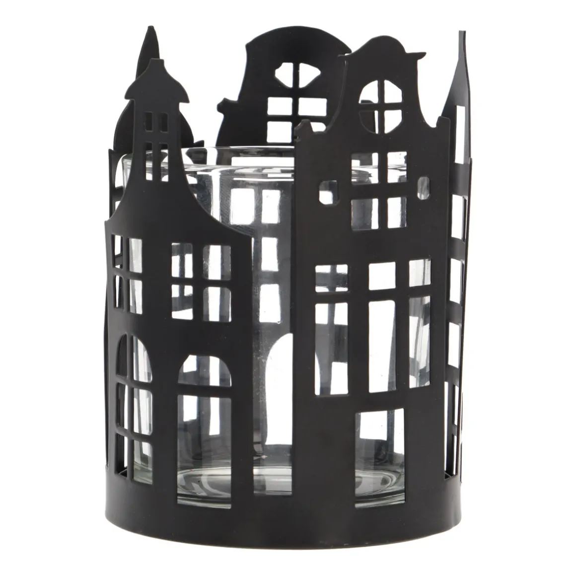 Zwarte Theelichthouder Met Grachtenpandjes